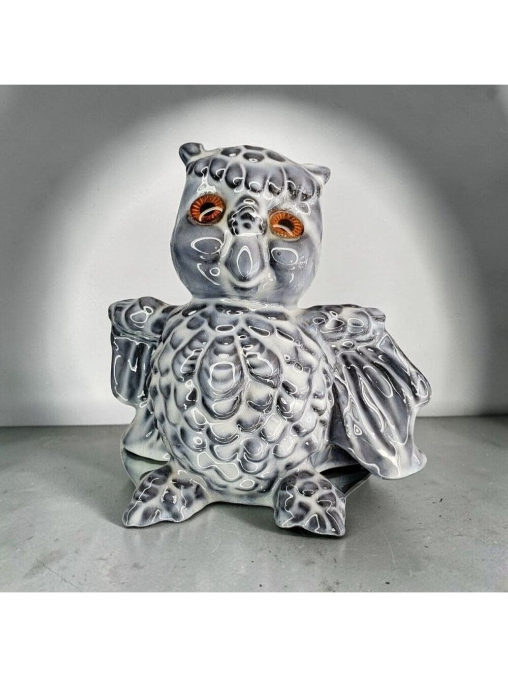 Vintage 1970 Owl Figurine Glass Eyes Signed Ceramic Gothic Spooky Halloween Deco